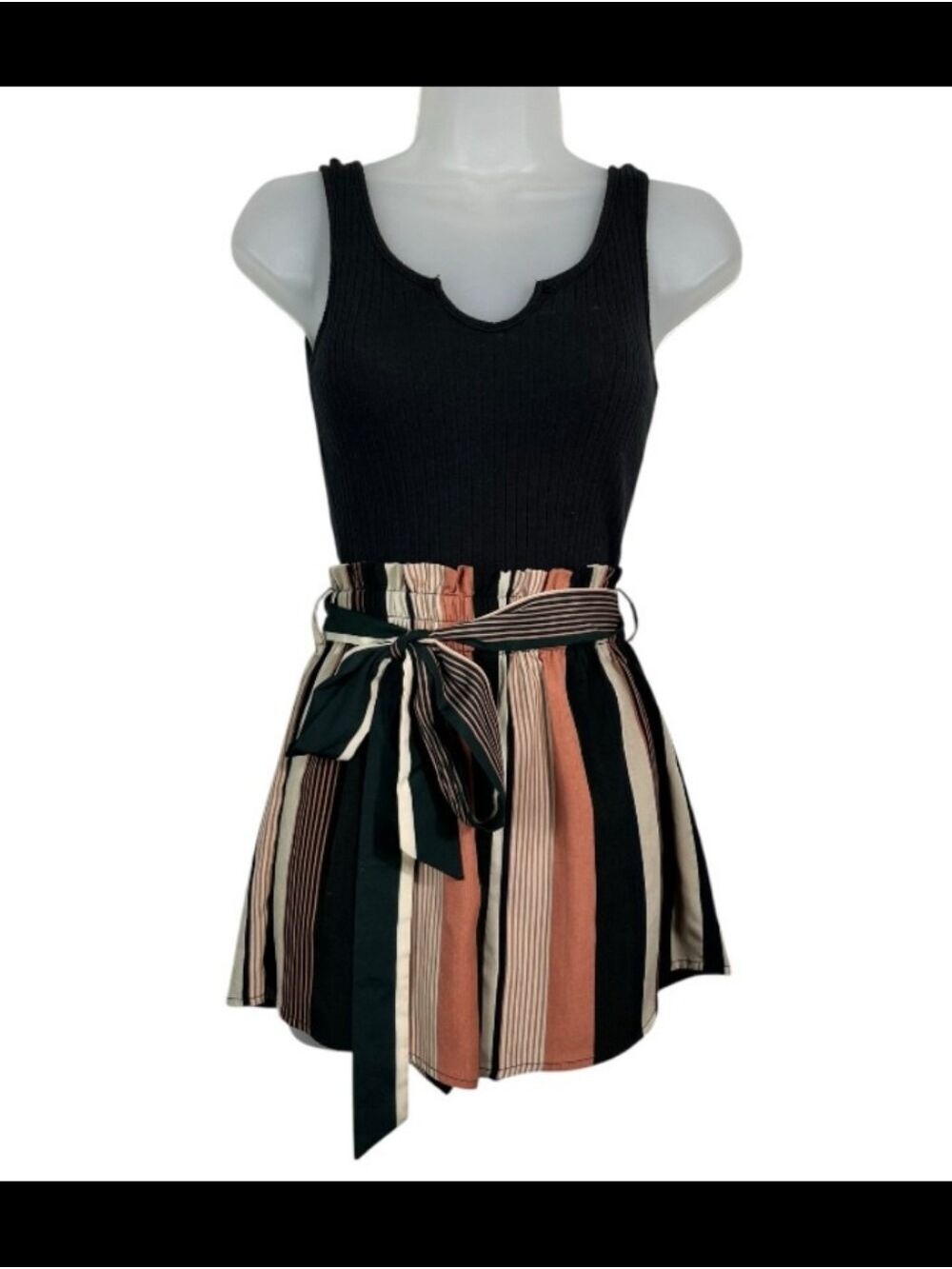 black ribbed tank and striped paper-bag waist romper features a notched neckline - Picture 3 of 4